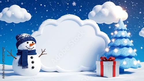 Cute Winter Wonderland Scene with Snowman Christmas Tree and Gift Box.