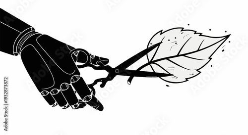 Robotic hand with scissors carefully cuts a delicate leaf, symbolizing nature and technology interaction.