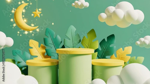 Dreamy Green Stage with Moon, Stars, Clouds, and Tropical Leaves for Product Display.