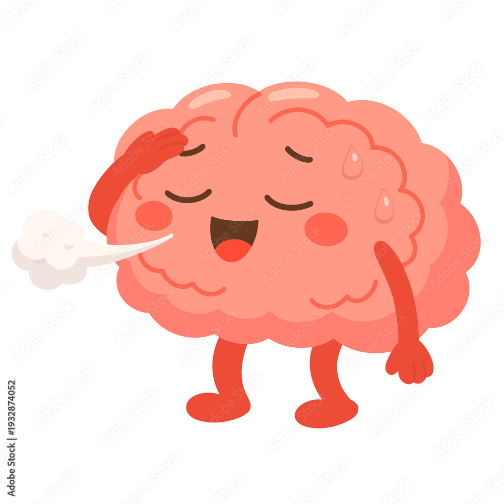 Obraz premium Cartoon illustration of Relieved Brain Sighing Phew, Exhaling Breathe and Wiping Sweat