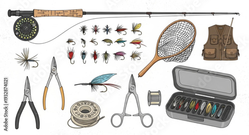 Fly fishing gear assortment with various tools and equipment displayed.