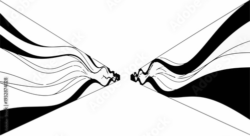 Abstract black and white lines converge in a dynamic graphic representation of data flow or connection.