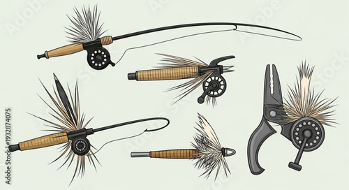 Fly fishing equipment assortment showcasing rods, reels, and fishing tools.