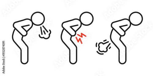 Man suffering from stomach ache, throwing up and farting line icon. Gut problem concept, healthcare and medicine. Digestive system pain. Vector illustration
