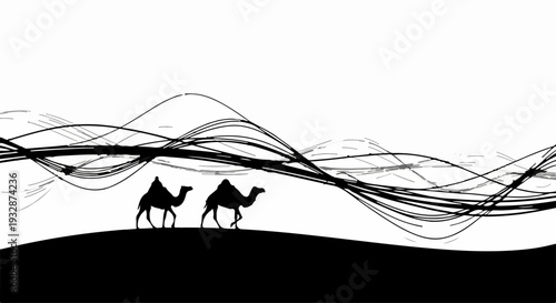 Two camels silhouetted against abstract wavy lines in a desert landscape.