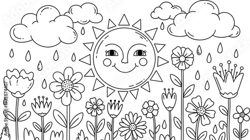 A smiling sun shines brightly in a field of flowers with clouds in the background on a beautiful sunny day with a heart for a face