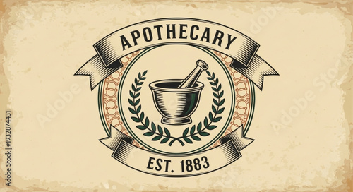 Vintage Apothecary Emblem with Mortar and Pestle, Established in 1883.