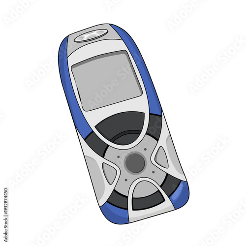 blue grey retro phone with buttons . Technology communication object with screen