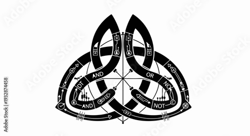 Intricate knot design with logic gates and symbols, representing complex systems and decision making.