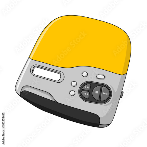 a yellow and grey audio music compact disk player object with and button on it issolated on white