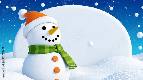 Cute Snowman with Orange Hat and Green Scarf in a Winter Wonderland Scene.
