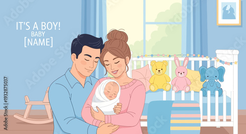 Young parents lovingly holding their newborn baby boy.