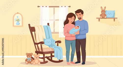 Young parents holding their newborn baby with love.