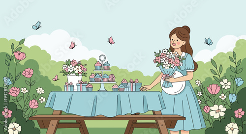 Young Woman Holding a Bouquet of Flowers at a Garden Party.