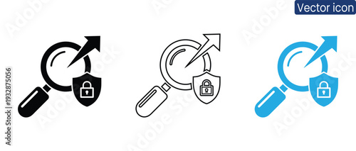 Set of security and growth icons with magnifying glass and shield