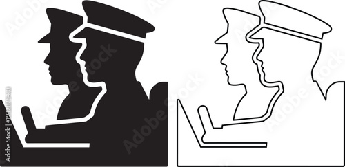 Minimalist icon of two police officers working on a laptop computer representing cybercrime investigation, security surveillance monitoring, and online law enforcement dispatch.