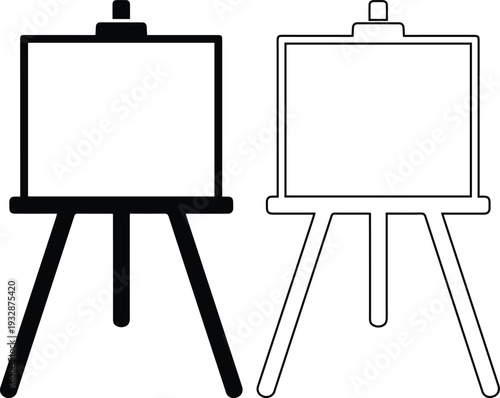 Minimalist wooden artist easel icon set in solid silhouette and outline styles for blank canvas presentations, fine art gallery displays, and creative studio painting workshops.