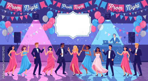 Diverse group of young adults enjoying a lively prom night dance celebration.