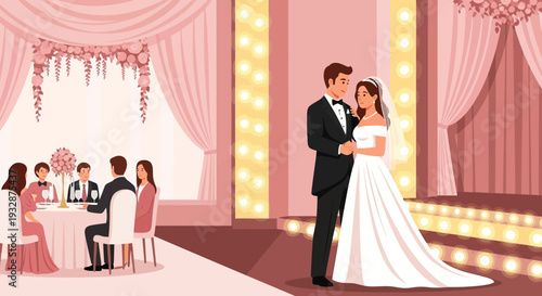 Elegant Bride and Groom Dancing at Wedding Reception.