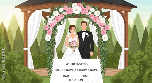 Elegant Bride and Groom Wedding Ceremony Portrait.