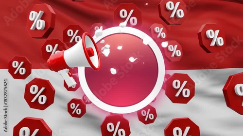 Dynamic Red and White Promotional Background with Megaphone and Percent Symbols.
