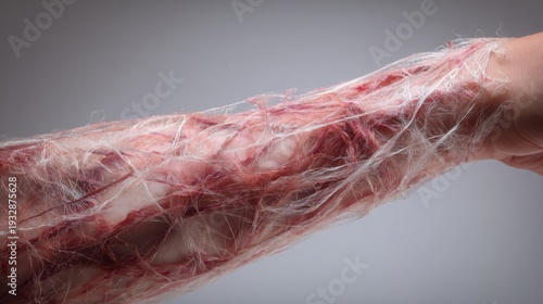 Detailed macro view of a human forearm tendon under strain, showcasing intricate tissue fibers and anatomical structure.