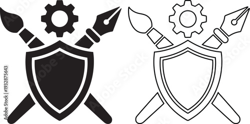 Minimalist shield icon with crossed paintbrush and pen under a gear for creative intellectual property protection, copyright law, and secure design art ownership graphic symbols.