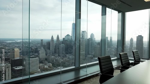 Conference room with skyline view. Modern architecture, business meeting space overlooking the city skyline and buildings in New York City.