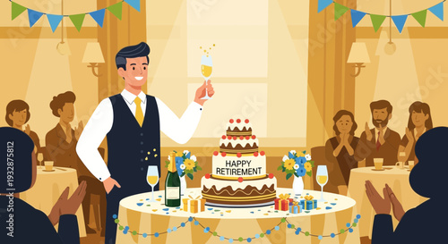 Man giving toast at retirement party with cake.