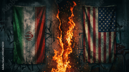 Iranian and American Flags Burning in Conflict.