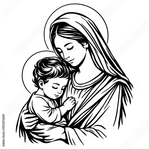 Virgin Mary Mother Of Jesus Holding Baby Christ Child In Her Arms, Religious Christian Spiritual Love Silhouette Illustration, Sacred Catholic Icon Design For Prayer