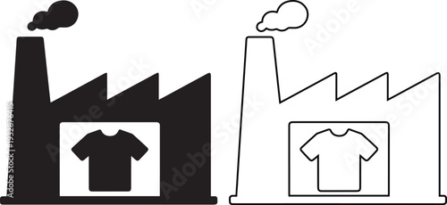 Minimalist clothing factory icon set featuring a manufacturing plant building and t-shirt symbol for textile industry, garment production, and wholesale apparel business graphic design.