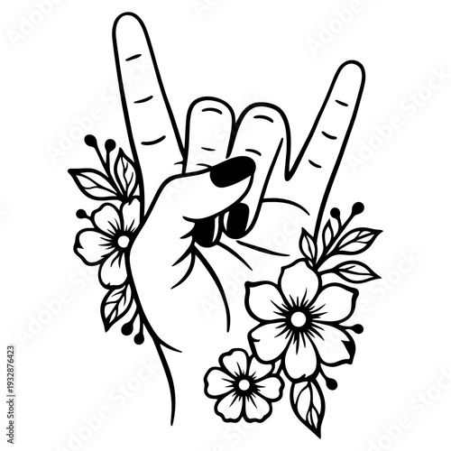 Hand Gesture Sign Of The Horns Decorated With Spring Flowers And Foliage, Rock And Roll Music Aesthetic Floral Silhouette Illustration, Heavy Metal Love Design