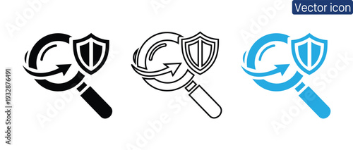et of modern magnifying glass with shield and arrow icons in black, white and blue, representing security and protection concepts for business and technology use