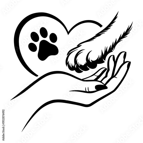 Human Hand Holding Dog Paw With Heart Shape And Animal Footprint, Symbol Of Pets Love Friendship And Animal Protection Connection Silhouette Art