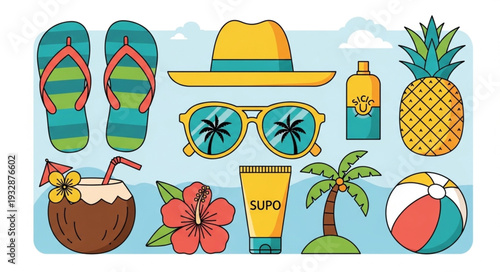Collection of summer vacation essentials, including sunglasses, flip-flops, and tropical drinks.