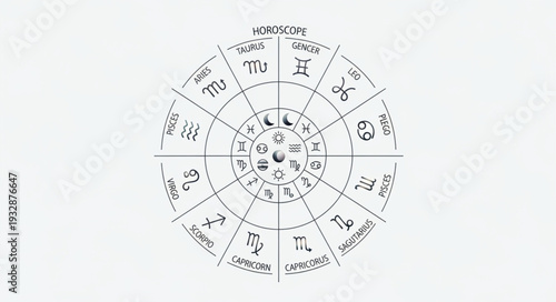 Astrological Wheel Depicting Zodiac Signs and Celestial Symbols.