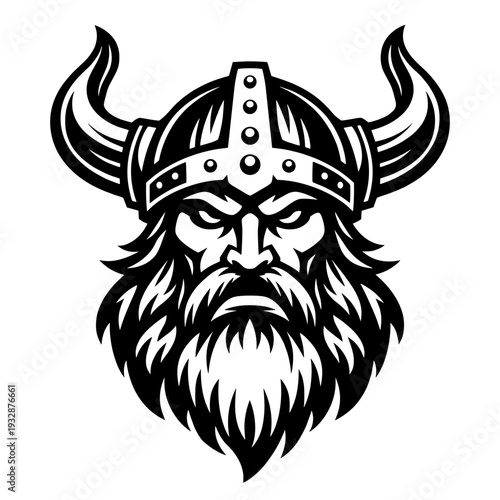 Powerful Viking Warrior Head Wearing Horned Helmet And Thick Beard, Norse Mythology Barbarian Fighter Character For Gaming And Sports Logo Design