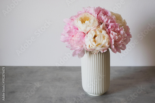 Beautiful bouquet of fresh colorful fluffy peony flowers in full bloom in vase on gray concrete background. Floral still life. Copy space for text.