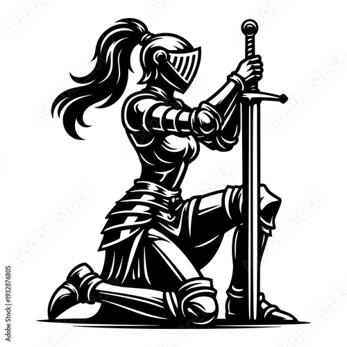 Armored Female Knight Kneeling With Long Sword In Prayer Or Loyalty Gesture, Medieval Warrior Woman Paladin Character Silhouette Concept Design