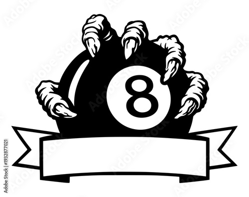 Billiards Pool Eight Ball With Monster Claws Graphic Design, Competitive Snooker Game Mascot Silhouette, Sports Club Logo With Blank Ribbon Banner