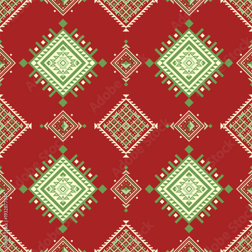 Seamless Tribal Geometric Red Green Rug Pattern, Ethnic Carpet Design. Seamless tribal geometric rug pattern inspired by traditional ethnic textile art. Ideal for carpet, textile, fashion.