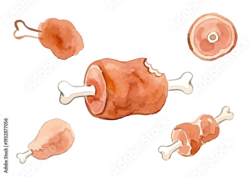 Hand drawn watercolor meat on the bone illustration, wild manga meat for BBQ and camping／骨付き肉・まんが肉