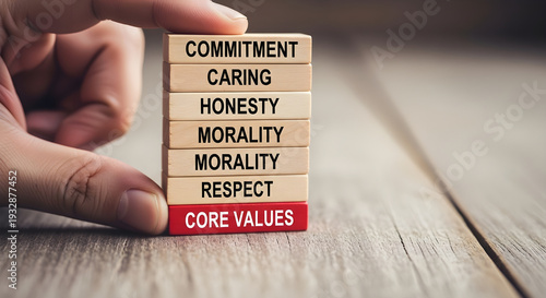 Business core values concept with wooden blocks showing commitment and respect on a wooden table