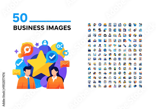 Collection of fifty business icons and symbols in colorful illustration style for marketing