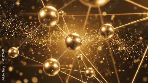 Abstract golden molecular structure with glowing particles and connections representing science technology and network concepts in a futuristic digital space.