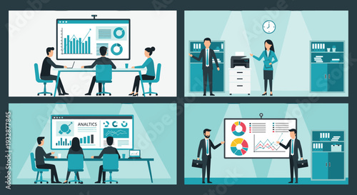 Business Analytics Office Team Meeting with Data Presentation, Charts, and Reports in Modern Workspace