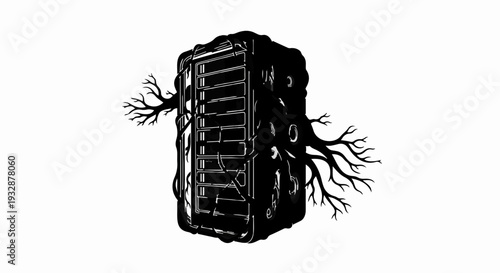 Server rack overgrown with roots, symbolizing digital decay and nature's reclamation.