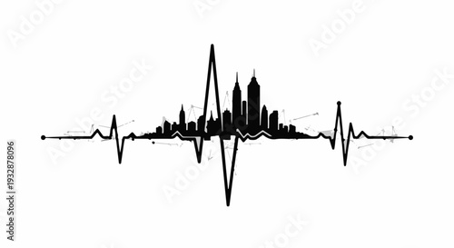 City skyline silhouette integrated into a heartbeat EKG line, symbolizing urban life rhythm.