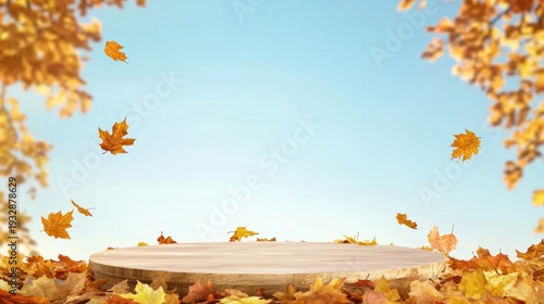 Autumn Stage for Display: An autumn-themed product display stage, showcasing a rustic wooden platform surrounded by falling golden leaves against a bright blue sky.